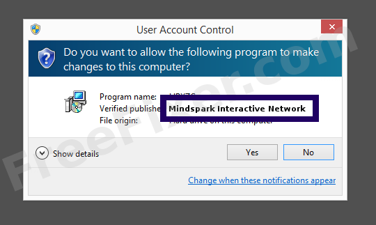 Screenshot where Mindspark Interactive Network appears as the verified publisher in the UAC dialog